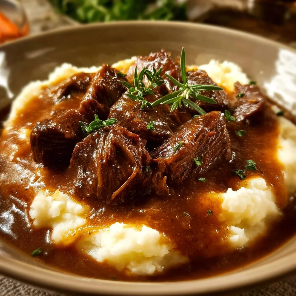 Slow Cooker Beef Manhattan recipe with tender beef and savory sauce