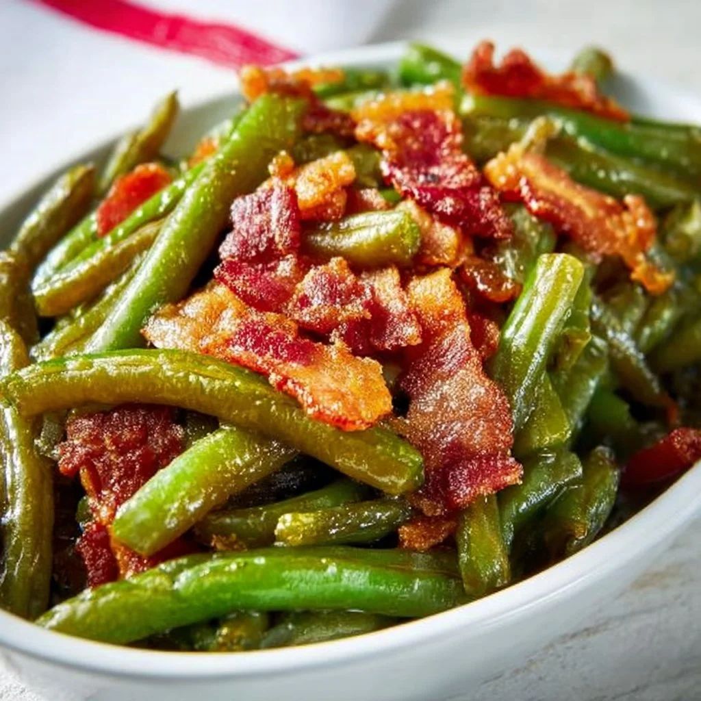 Plate of flavorful green beans sautéed with garlic and herbs.
