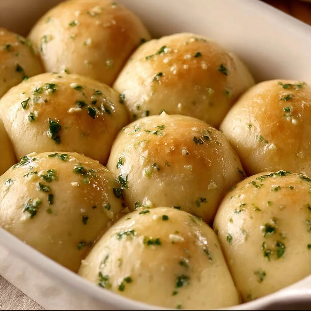 Freshly baked garlic bread rolls with a golden crust and herb butter