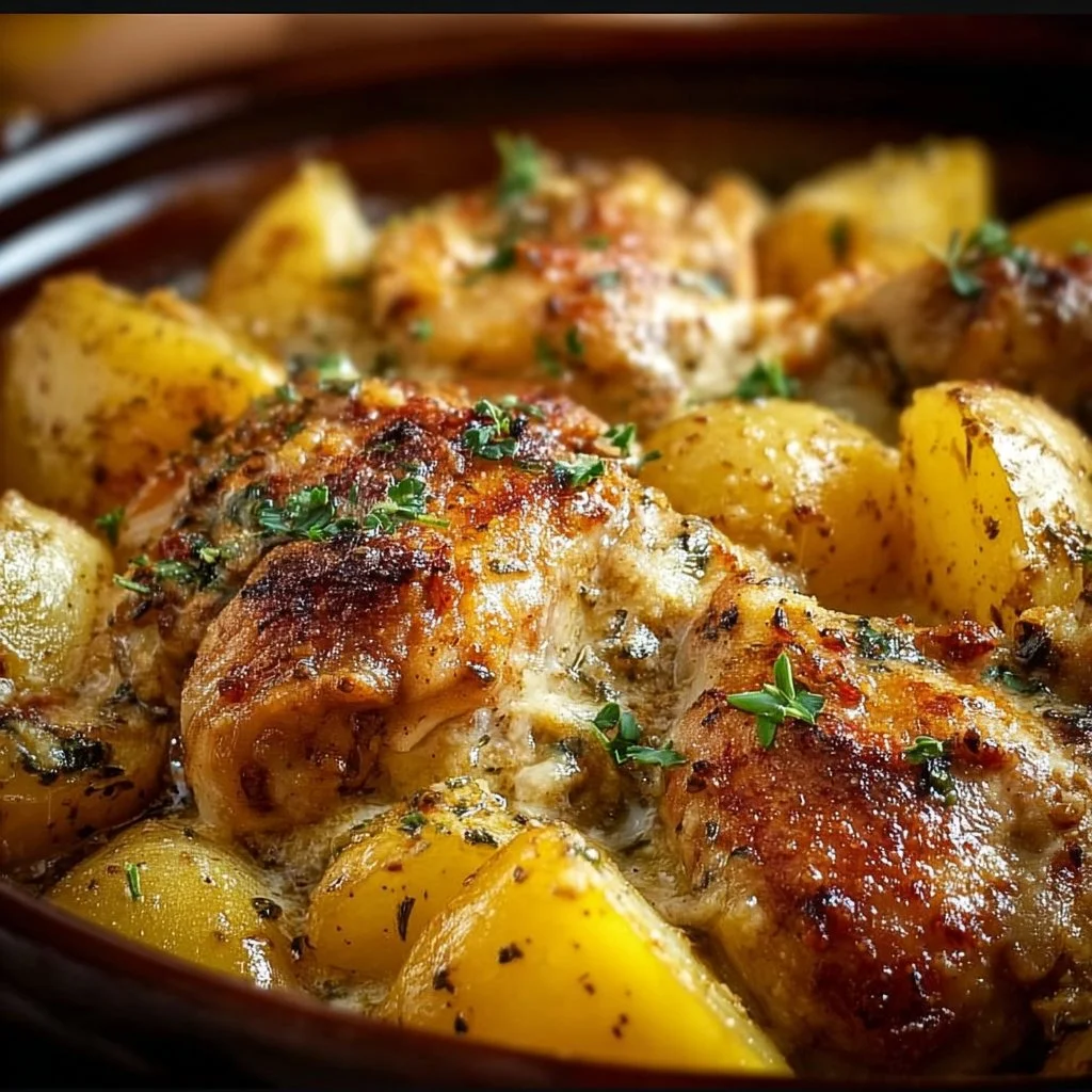 Garlic Parmesan Crockpot Chicken served with tender potatoes