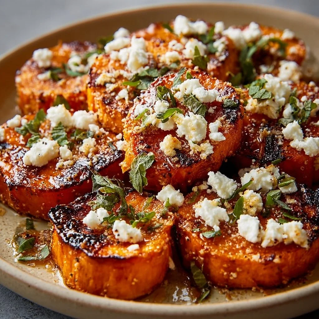 Gourmet honey feta sweet potato rounds served on a platter