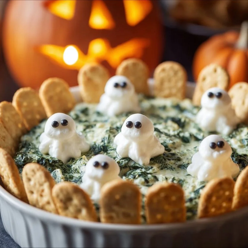Halloween Graveyard Spinach Dip served in a spooky dish with edible decorations.