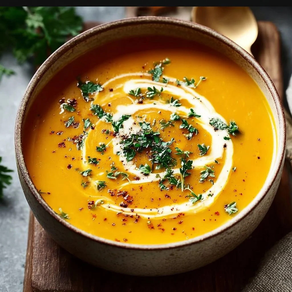 Bowl of healthy butternut squash soup topped with herbs