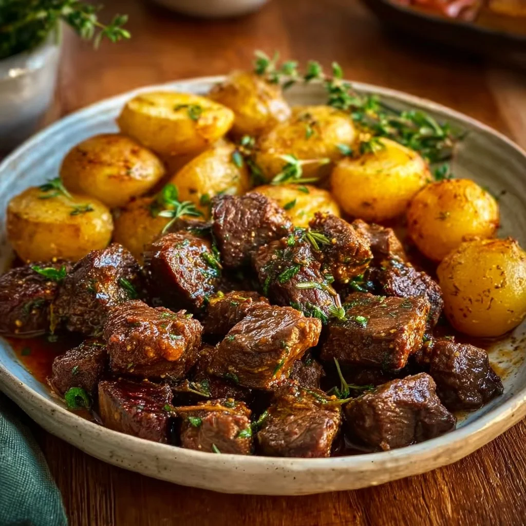 Delicious high protein slow cooker garlic butter beef bites served on a plate.