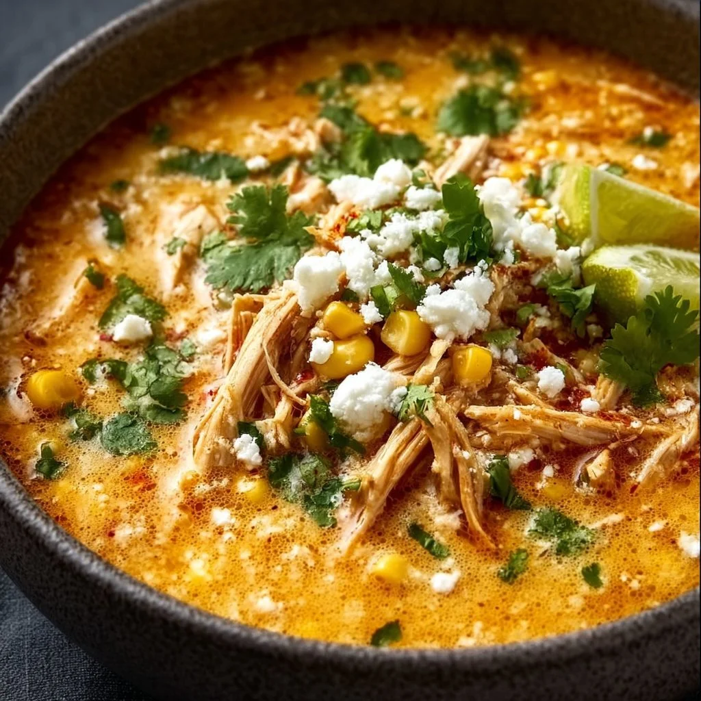 Bowl of creamy Mexican street corn soup garnished with cilantro and lime.