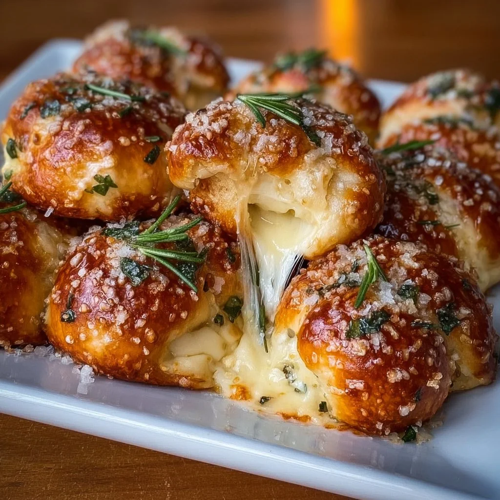 Mozzarella stuffed rosemary parmesan soft pretzels arranged on a plate
