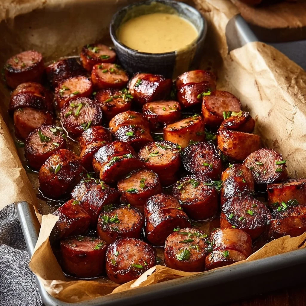 Mustard Hasselback Kielbasa Bites served on a platter with mustard dip