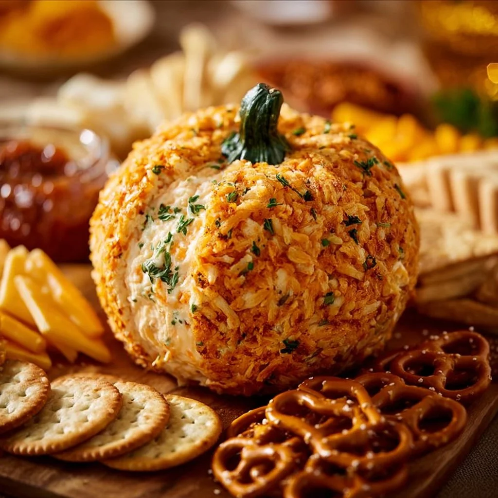 Delicious Pumpkin Cheese Ball decorated with herbs and served with crackers.