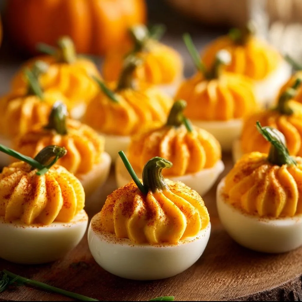 Pumpkin Patch Deviled Eggs served on a festive plate