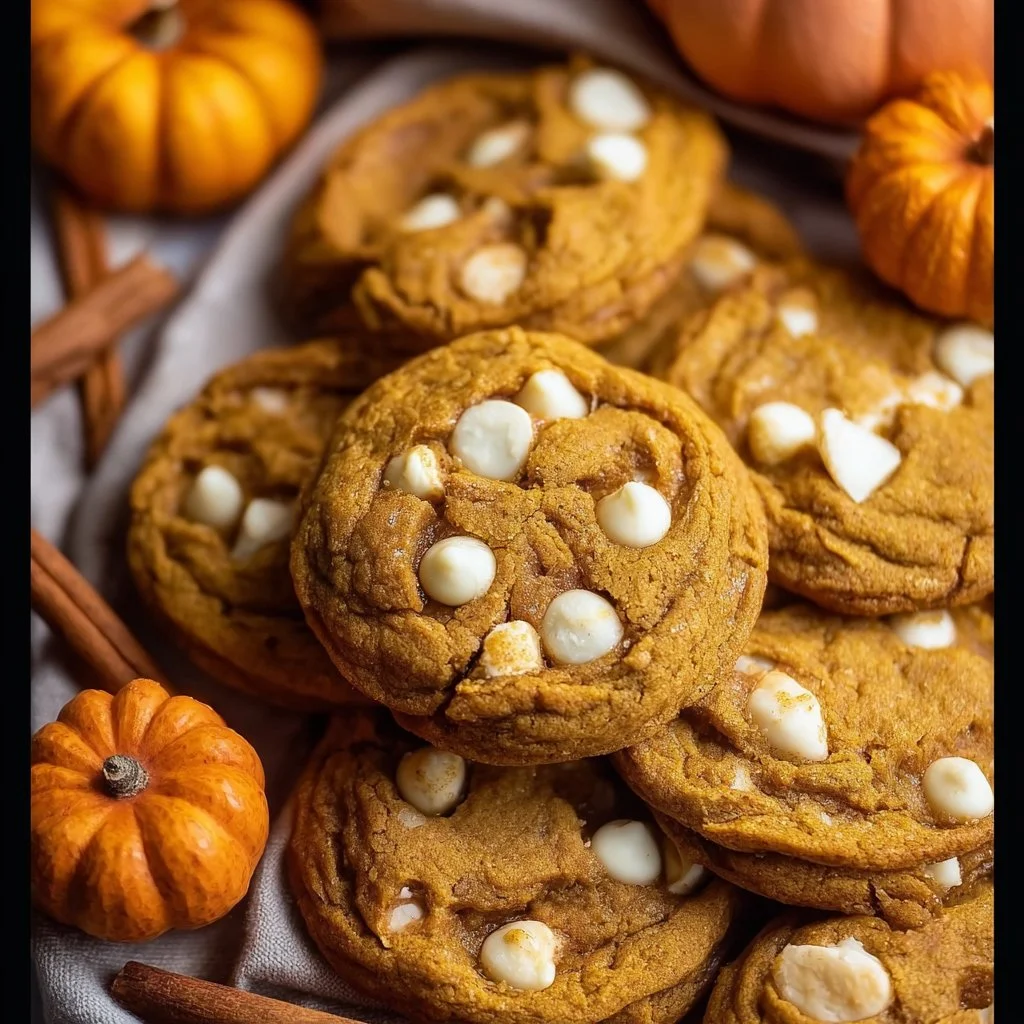 Delicious Pumpkin White Chocolate Chip Cookies on a rustic wooden table
