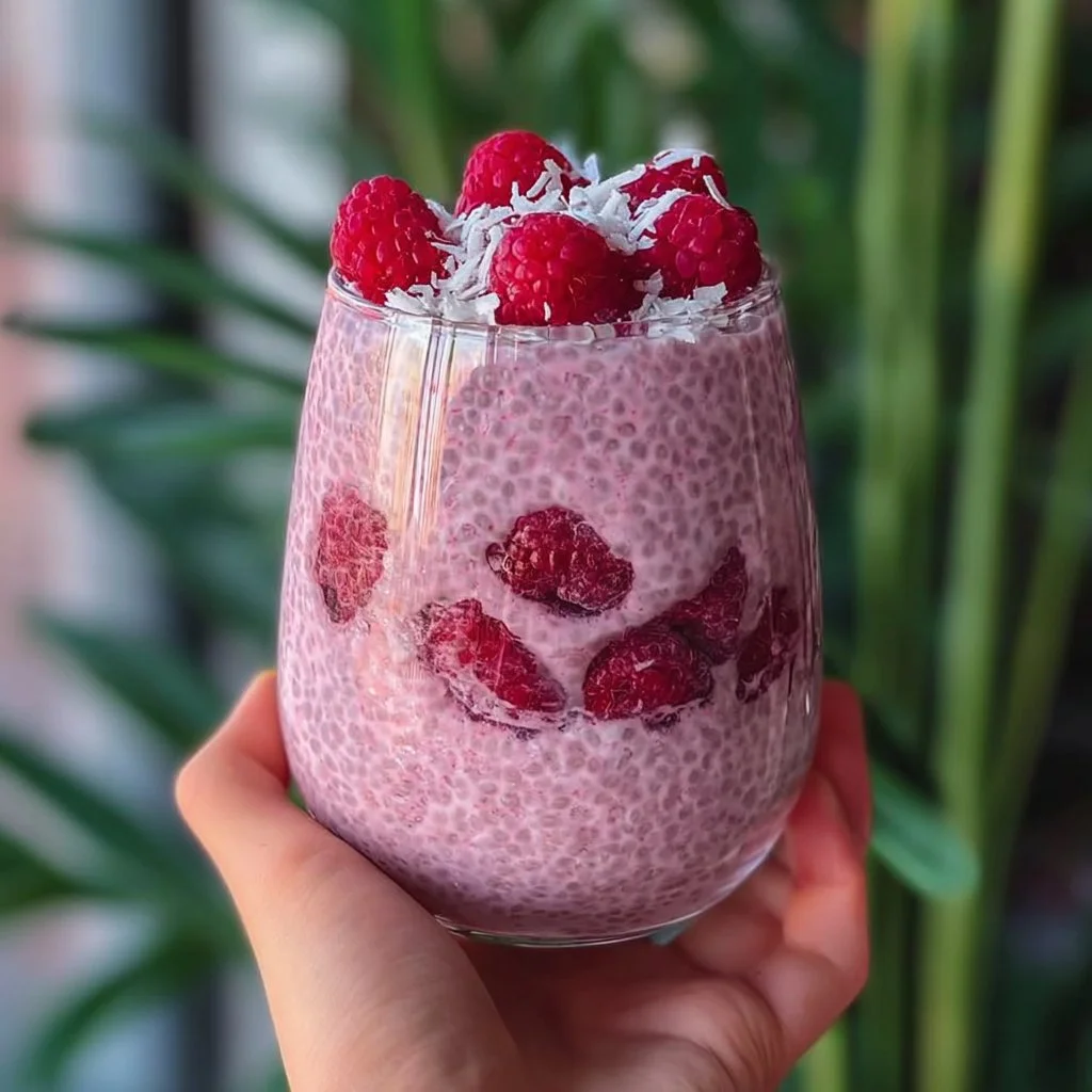 Delicious Raspberry Chia Pudding topped with fresh raspberries and mint