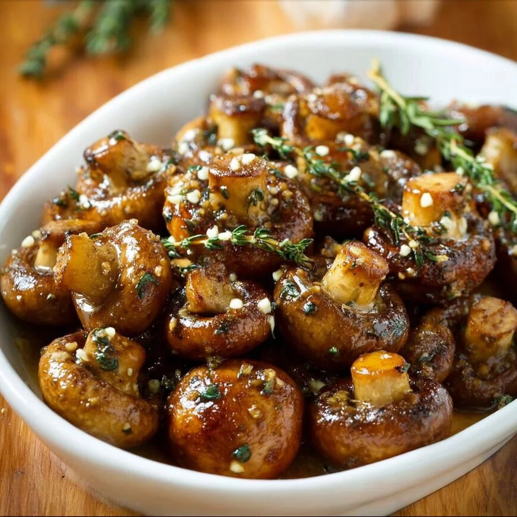 Plate of roasted mushrooms drizzled with browned butter sauce