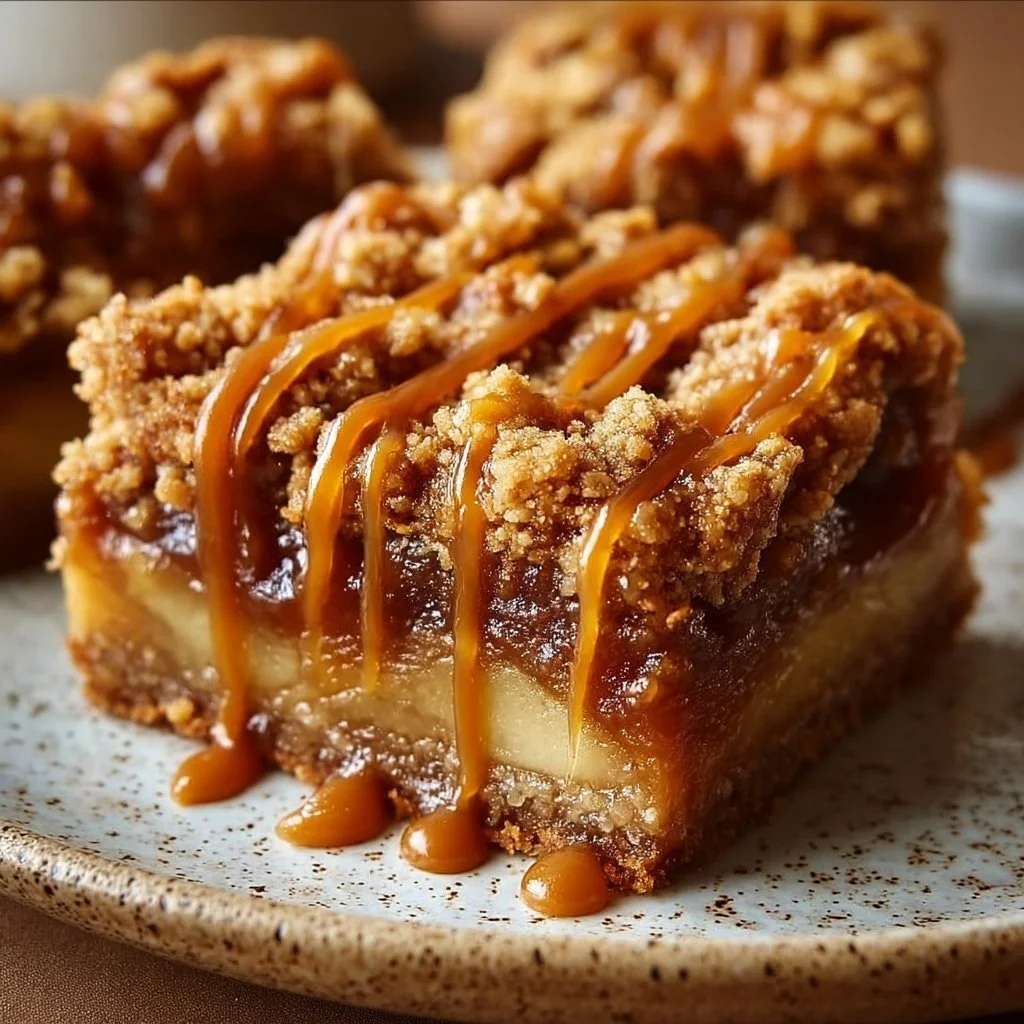 Salted caramel apple crumble bars topped with a golden crumble crust.