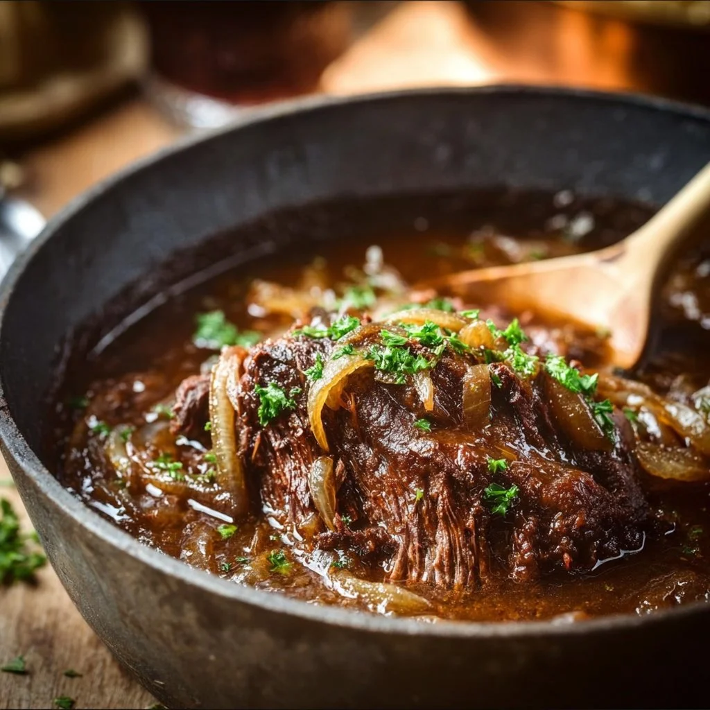 Savory French onion pot roast served with caramelized onions and herbs