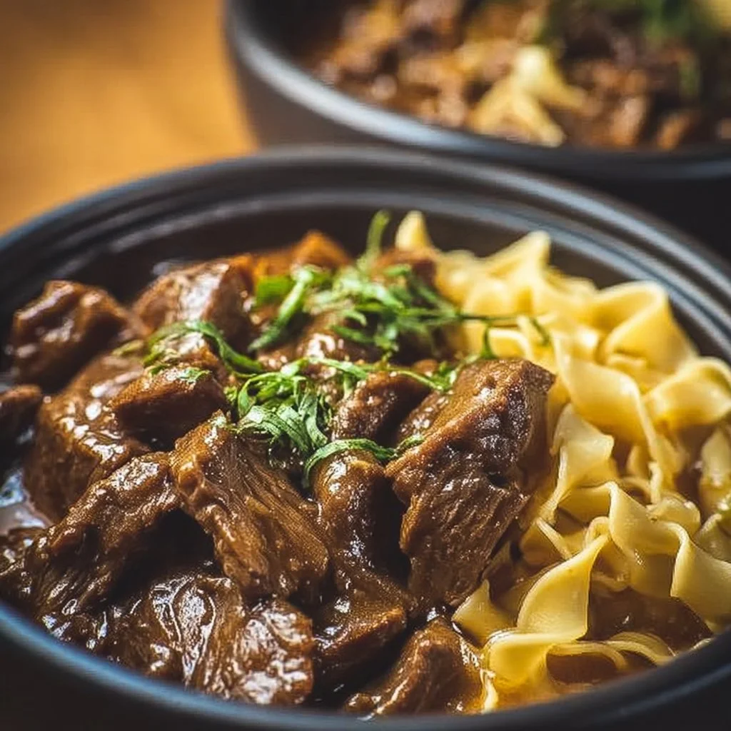 A bowl of slow-cooked beef and noodles served with fresh herbs