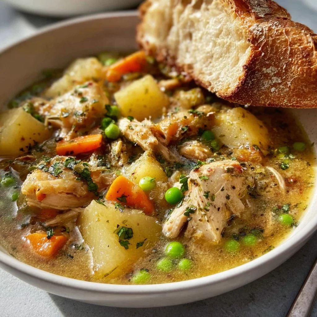 Slow cooker chicken stew with vegetables in a bowl