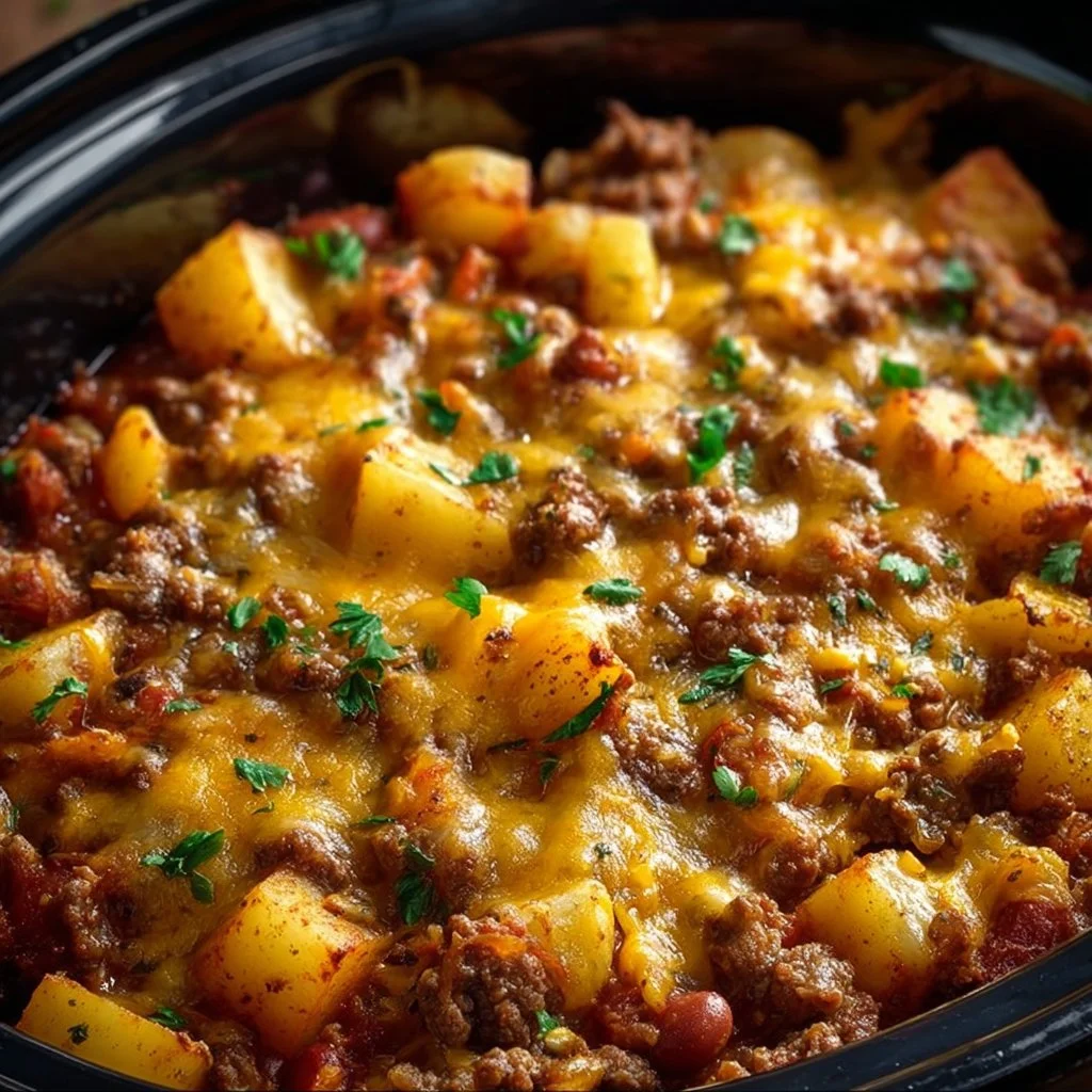 Delicious slow cooker cowboy casserole with beef, beans, and vegetables