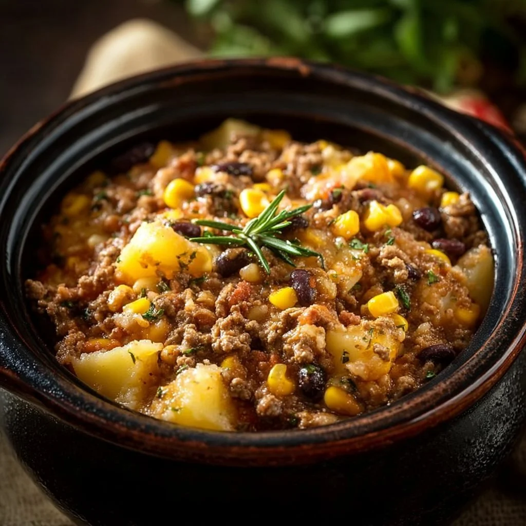 Delicious Slow Cooker Cowboy Casserole with ground beef, beans, and cheese.
