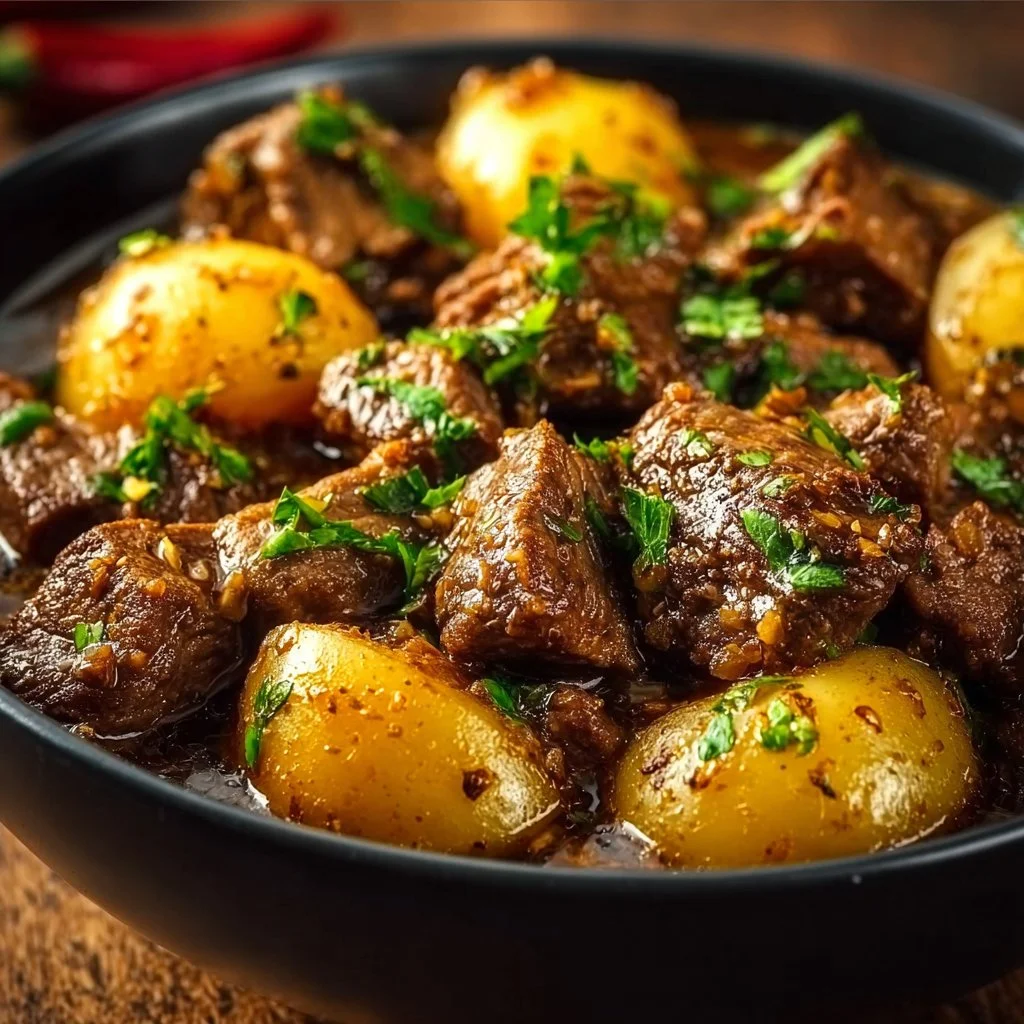 Slow Cooker Garlic Butter Beef dish served with herbs and vegetables