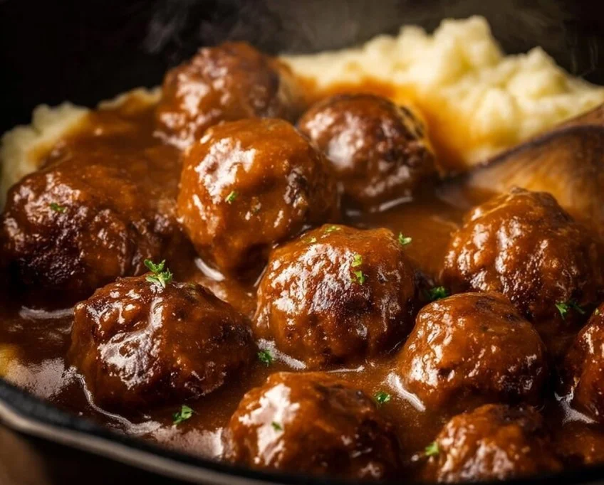Delicious Slow Cooker Salisbury Steak Meatballs served with gravy and mashed potatoes.