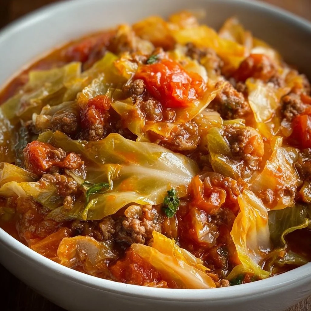 A bowl of hearty slow cooker unstuffed cabbage rolls with rice and ground meat.