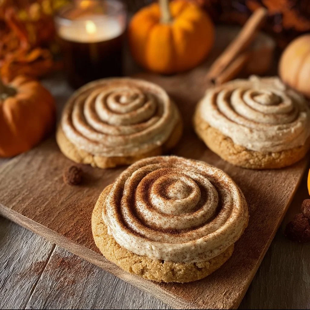 Plate of soft pumpkin cookies with cinnamon frosting decorated for fall