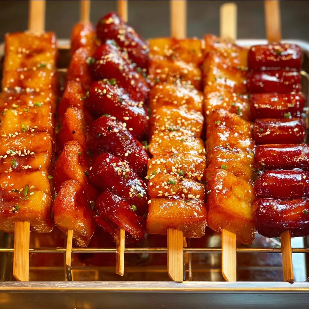 Sotteok rice cake and sausage skewers served on a plate