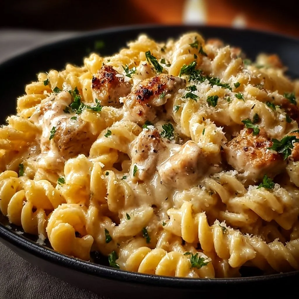 Delicious Crockpot Garlic Parmesan Chicken Pasta served in a bowl