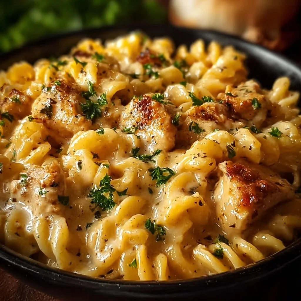 Crockpot Garlic Parmesan Chicken served over pasta with fresh herbs
