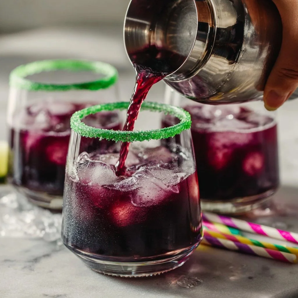 The Drunk Witch Cocktail garnished with spooky elements for Halloween celebrations
