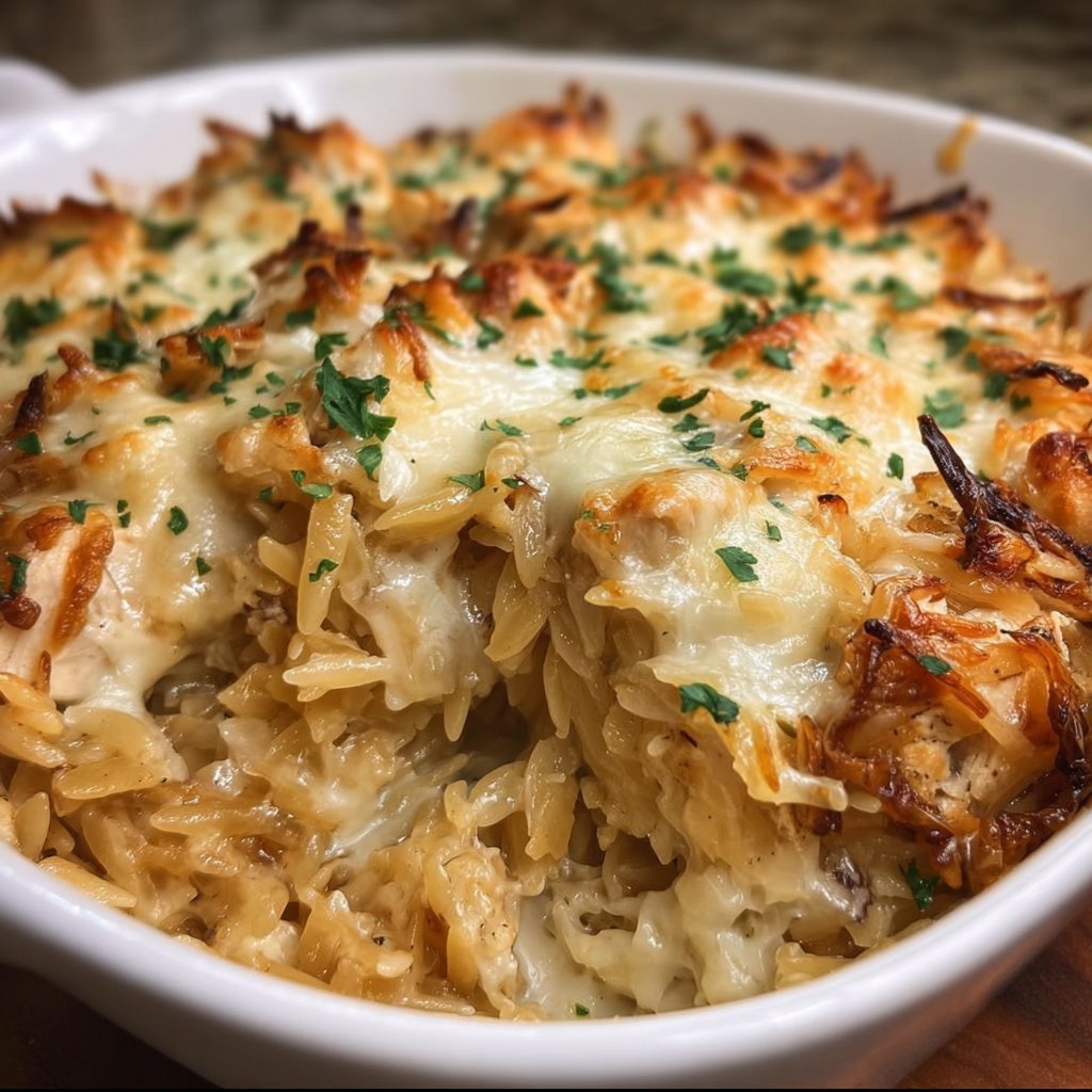 French Onion Chicken Orzo Casserole