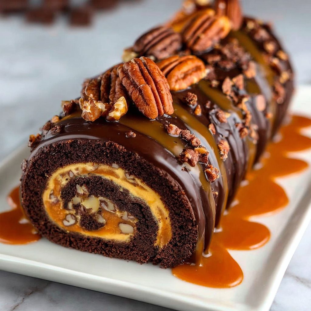 Chocolate Caramel Turtle Cake Roll