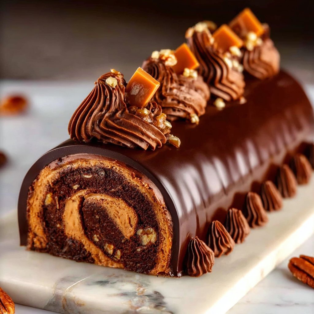 Chocolate Caramel Turtle Cake Roll