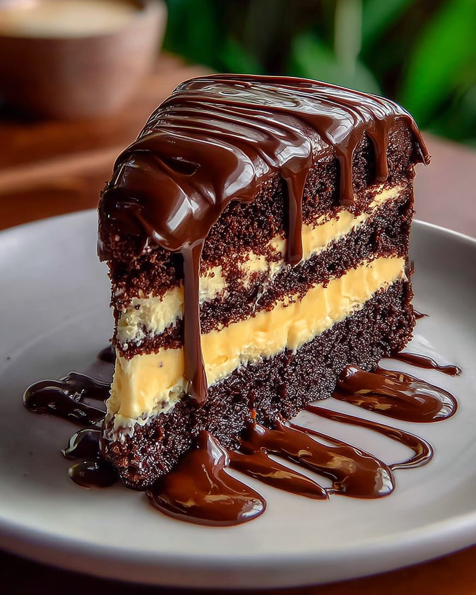 Chocolate Cheesecake Filled and Ganache-Topped Cake
