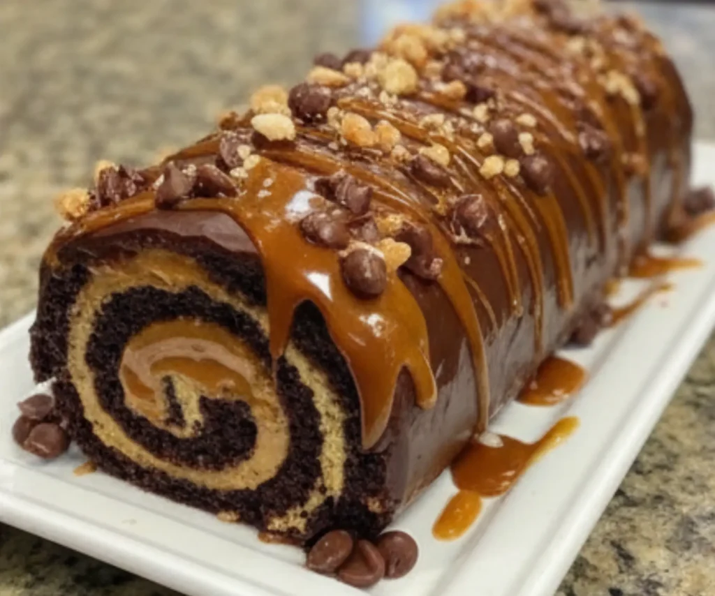 Gooey Chocolate Caramel Turtle Cake Roll