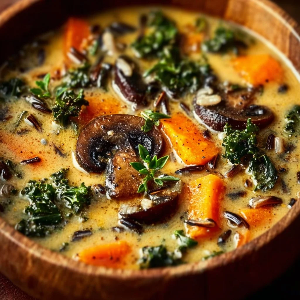 Bowl of Autumn wild rice soup with vegetables and herbs, perfect for fall.