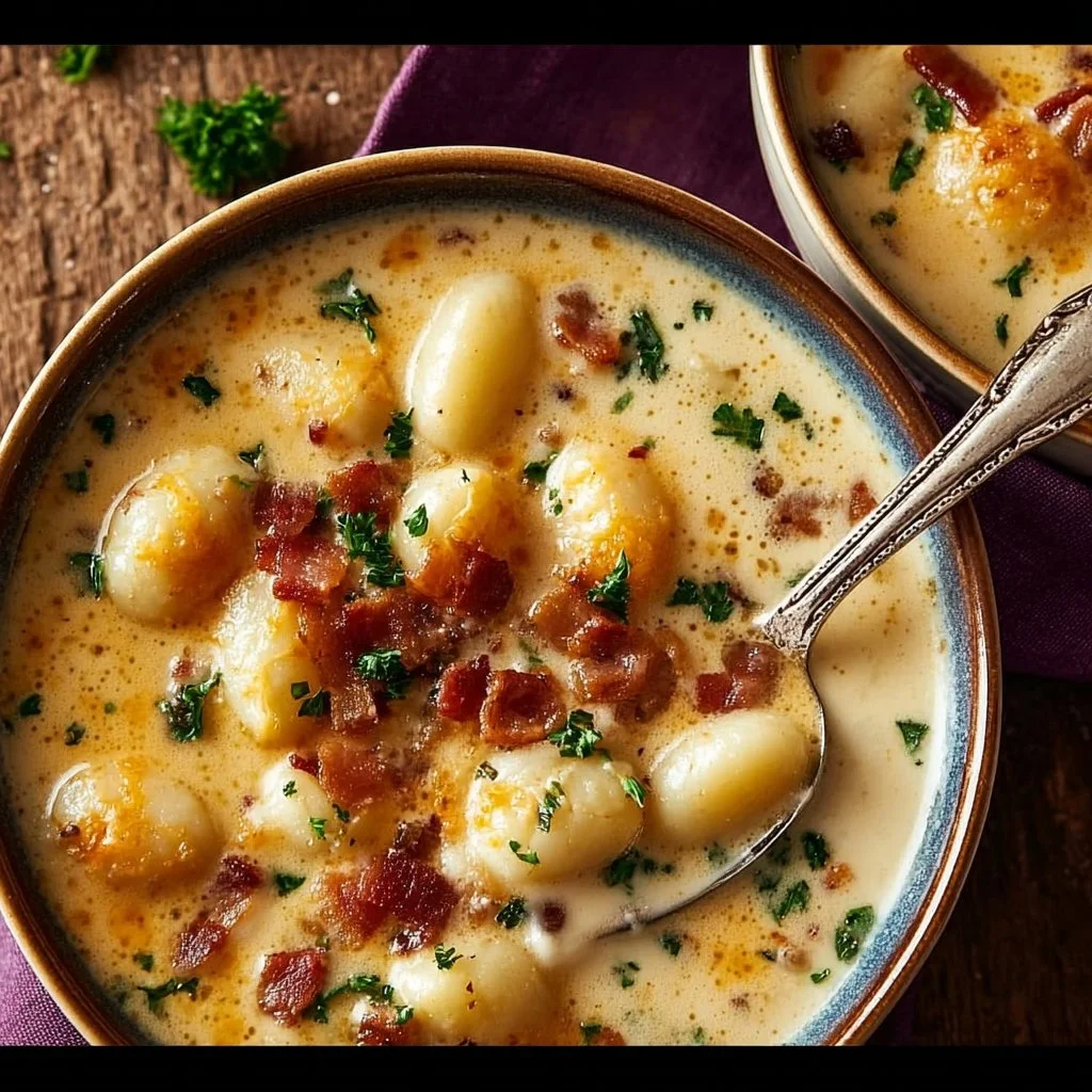 Bacon Cheddar Gnocchi Soup in a bowl garnished with herbs
