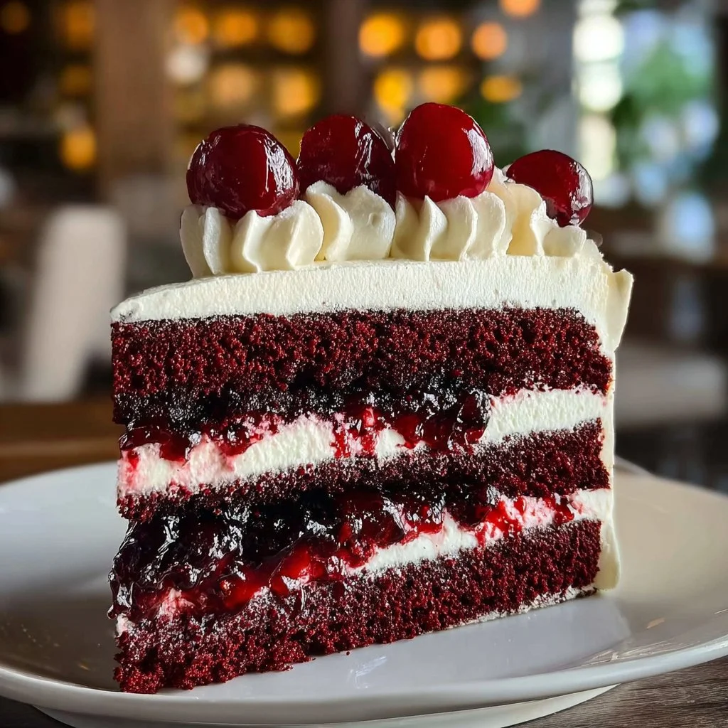 A decadent Black Forest Collapse Cake topped with cherries and chocolate shavings.