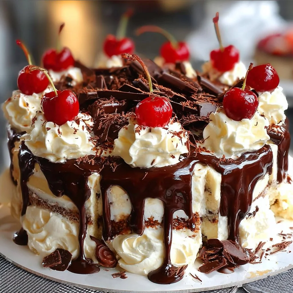 Delicious Black Forest Cake layered with cream and cherries
