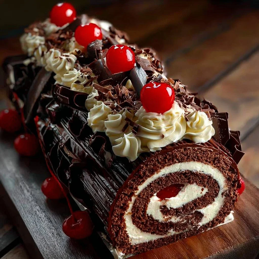 Delicious Black Forest Roll Cake with chocolate sponge and cherries
