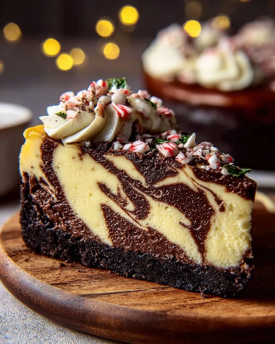 Decadent Brownie Peppermint Cheesecake topped with whipped cream and candy canes
