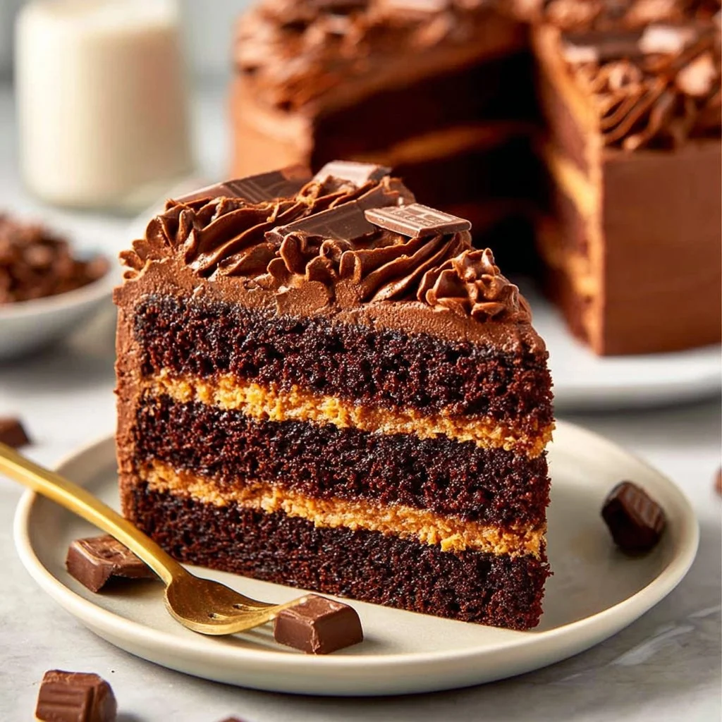 Caramel-Filled Chocolate Cake topped with chocolate ganache and caramel drizzle
