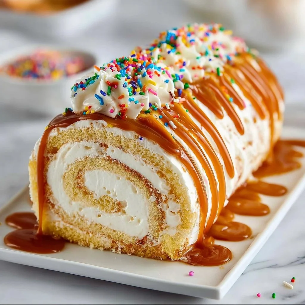 Delicious homemade Caramel Roll Cake with caramel frosting and swirl