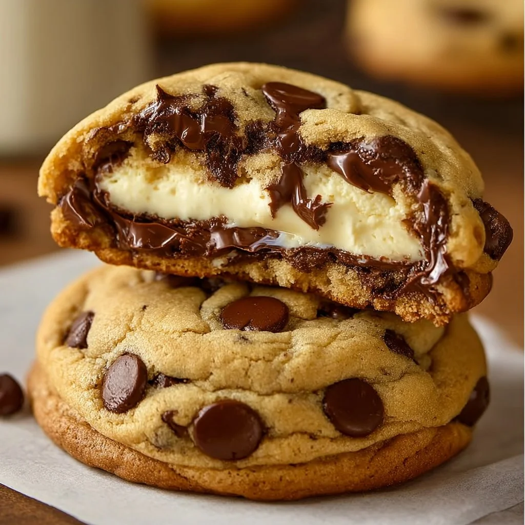 Cheesecake-filled chocolate chip cookies fresh out of the oven