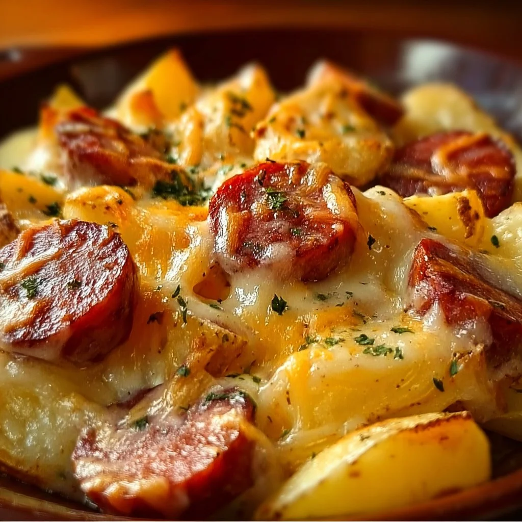 Cheesy ranch potatoes served with smoked sausage in a delicious, hearty dish