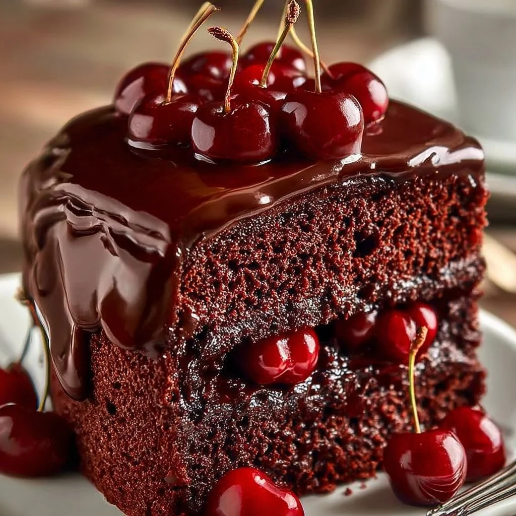 Delicious Cherry Cola Chocolate Cake topped with cherries and chocolate glaze