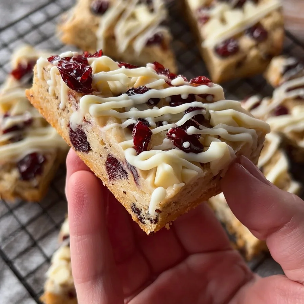 Chewy cranberry blondies topped with white chocolate chunks on a rustic background.