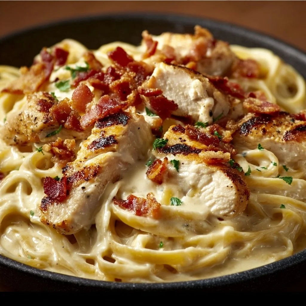 Delicious Chicken Bacon Ranch Pasta with creamy sauce and crispy bacon