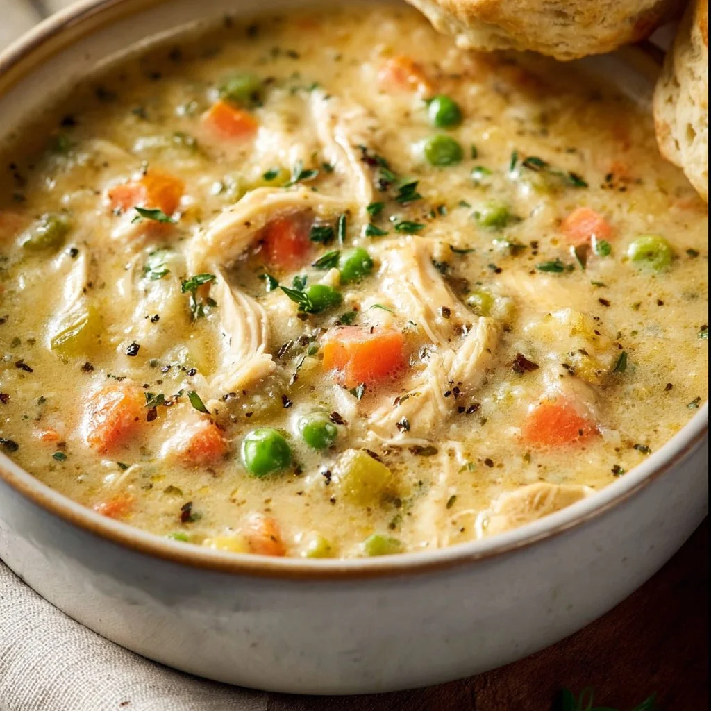 Delicious Chicken Pot Pie Soup in a bowl with vegetables and chicken