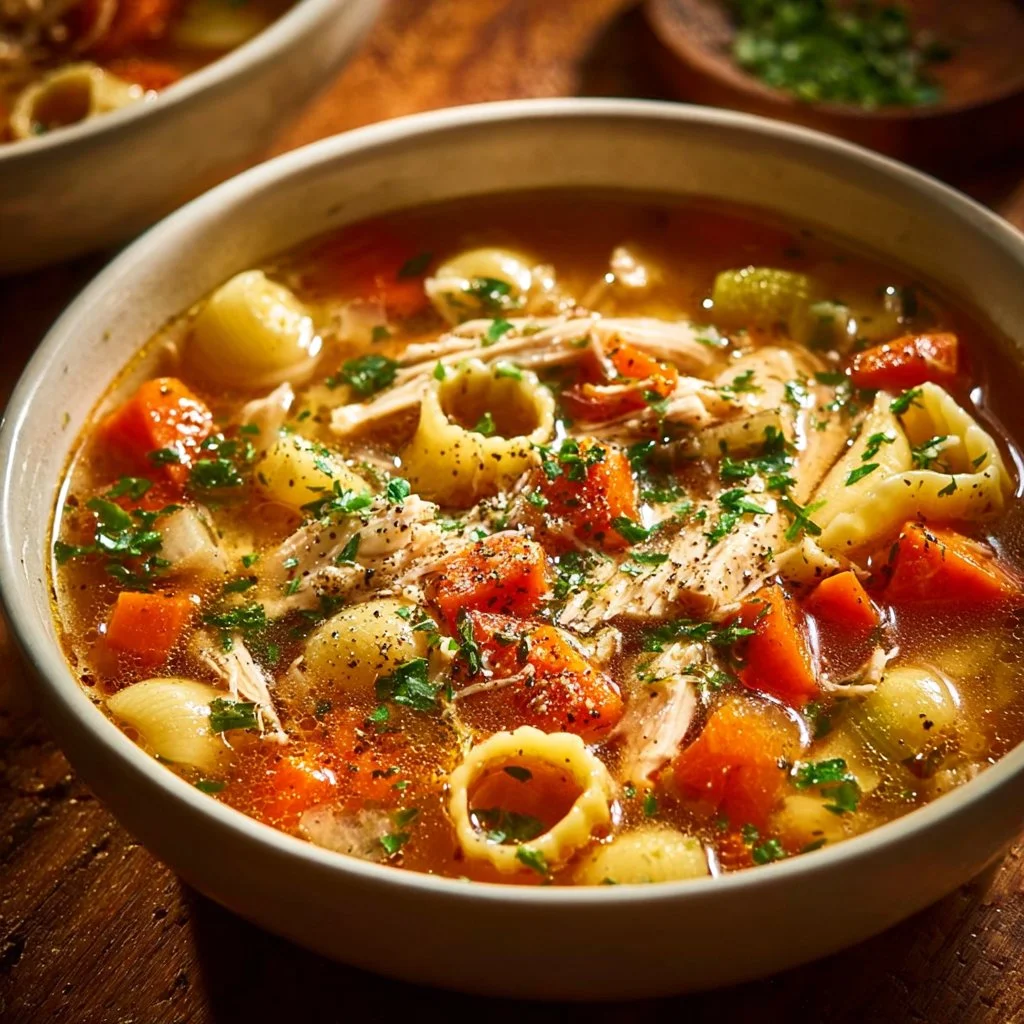 Bowl of steaming homemade chicken soup with vegetables and herbs
